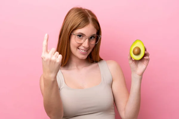 Young Redhead Woman Holding Avocado Isolated Pink Background Doing Coming — Stock Photo, Image