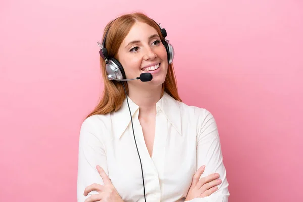 Telemarketer Redhead Woman Working Headset Isolated Pink Background Happy Smiling — Stock Photo, Image