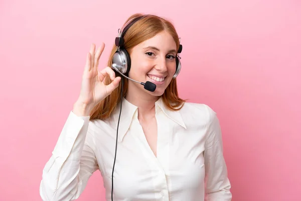 Telemarketer Redhead Woman Working Headset Isolated Pink Background Showing Sign — Stock Photo, Image