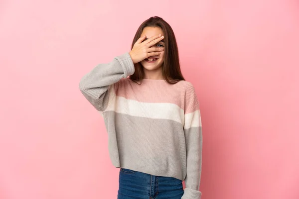 Little Girl Isolated Pink Background Covering Eyes Hands Smiling — Stock Photo, Image