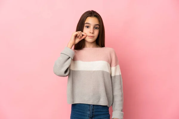 Little Girl Isolated Pink Background Showing Sign Silence Gesture — Stock Photo, Image