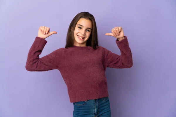 Little Girl Isolated Purple Background Proud Self Satisfied — Foto Stock