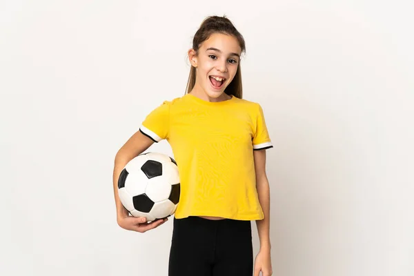 Küçük Futbolcu Kız Beyaz Arka Planda Izole Edilmiş Yüzünde Sürpriz — Stok fotoğraf