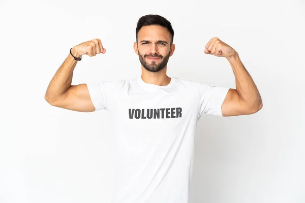 Joven Caucásico Voluntario Hombre Aislado Blanco Fondo Haciendo Fuerte Gesto —  Fotos de Stock
