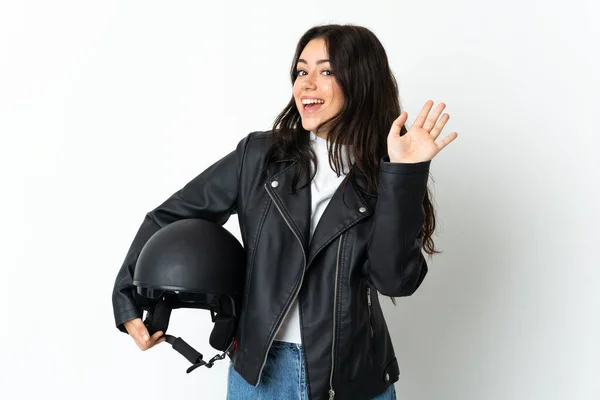 Vrouw Met Een Motorfiets Helm Geïsoleerd Witte Achtergrond Salueren Met — Stockfoto