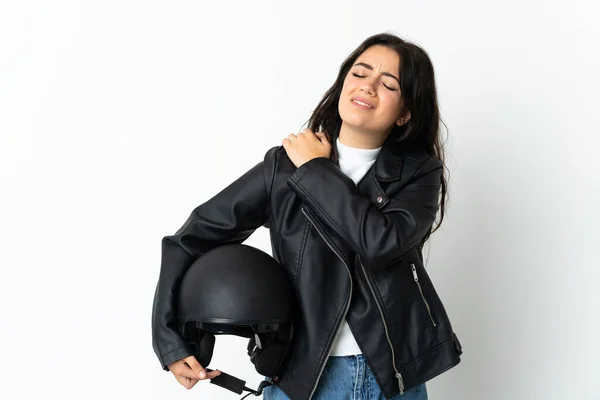 Žena Drží Motocykl Přilba Izolované Bílém Pozadí Trpí Bolestí Rameni — Stock fotografie