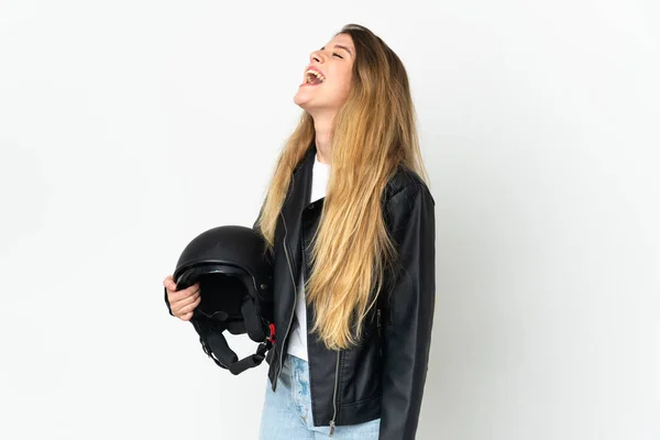 Mujer Sosteniendo Casco Moto Aislado Sobre Fondo Blanco Riendo Posición — Foto de Stock