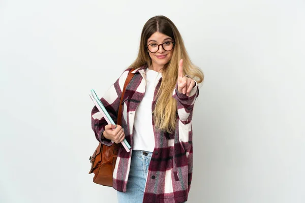 Jovem Loira Estudante Mulher Isolada Fundo Branco Mostrando Levantando Dedo — Fotografia de Stock