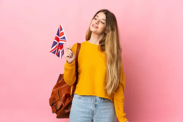 Młoda Blondynka Trzyma Flagę Wielkiej Brytanii Odizolowany Białym Tle Myśli — Zdjęcie stockowe