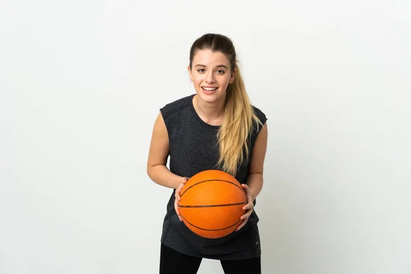 Giovane Donna Bionda Isolata Sfondo Bianco Che Gioca Basket — Foto Stock