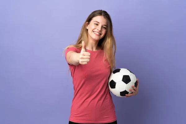 Young Woman Shopping Bag Isolated Purple Background Soccer Ball Thumb — Stock Photo, Image