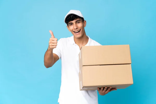 Delivery Argentinian Man Isolated Blue Background Thumbs Because Something Good — Stock Photo, Image