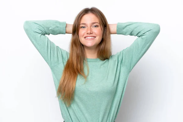 Jonge Kaukasische Vrouw Geïsoleerd Witte Achtergrond Lachen — Stockfoto