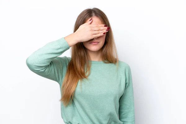 Young Caucasian Woman Isolated White Background Covering Eyes Hands Want — Stock Photo, Image