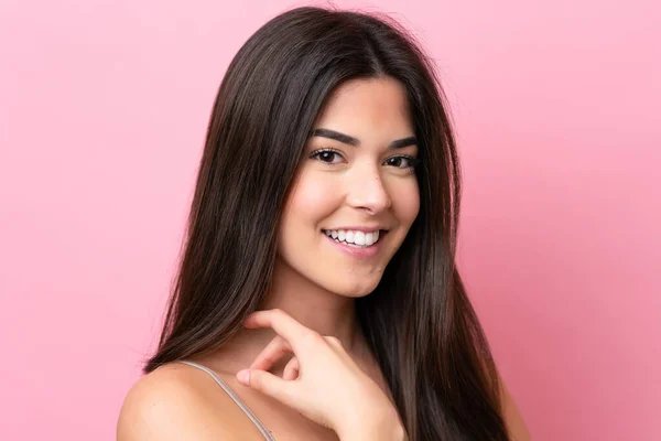 Young Brazilian Woman Isolated Pink Background Portrait — Φωτογραφία Αρχείου