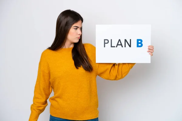 Young Brazilian Woman Isolated White Background Holding Placard Message Plan — Stock Photo, Image