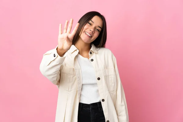 Teenager Mädchen Isoliert Auf Rosa Hintergrund Glücklich Und Zählen Vier — Stockfoto