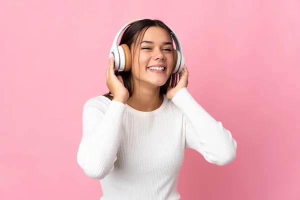 Έφηβη Κοπέλα Απομονωμένη Μπλε Φόντο Ακούγοντας Μουσική — Φωτογραφία Αρχείου