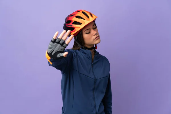 Genç Bisikletçi Kız Dur Hareketi Yapıyor Hayal Kırıklığına Uğruyor — Stok fotoğraf