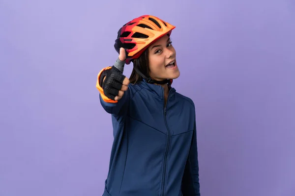 Başparmakları Havada Genç Bir Bisikletçi Kız Çünkü Iyi Bir Şey — Stok fotoğraf