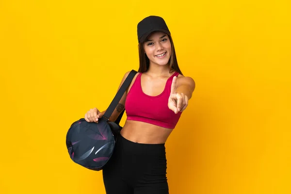 Adolescente Chica Del Deporte Con Bolsa Deporte Mostrando Levantando Dedo — Foto de Stock