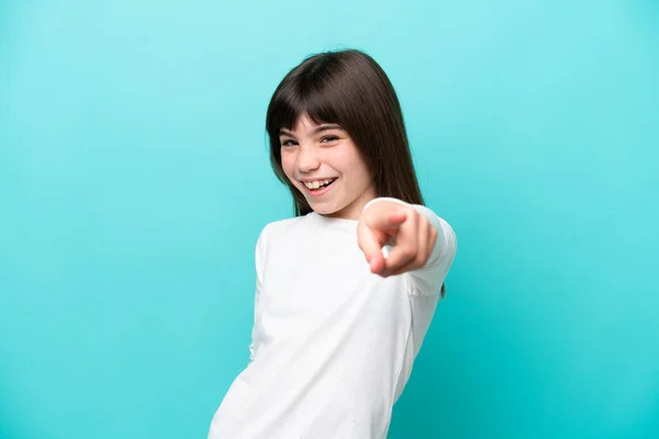 Little Caucasian Girl Isolated Blue Background Pointing Front Happy Expression — Stock Photo, Image