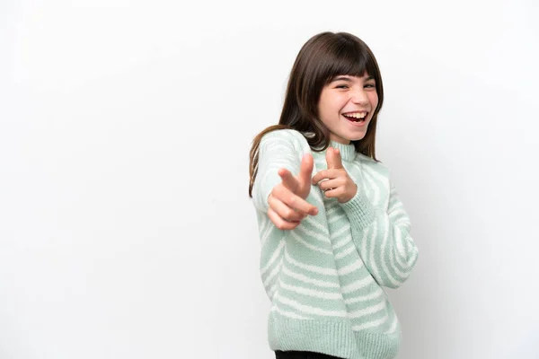 Little Caucasian Girl Isolated White Background Surprised Pointing Front — Stock Photo, Image