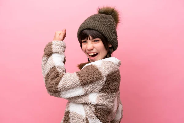 Little Caucasian Girl Winter Jacket Isolated Pink Background Doing Strong — Stock Photo, Image