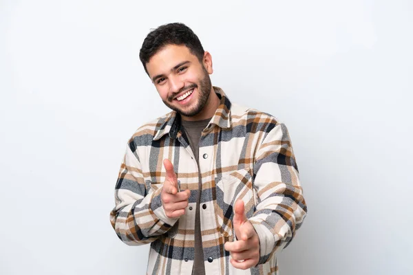 Young Brazilian Man Isolated White Background Pointing Front Smiling — Stock Photo, Image