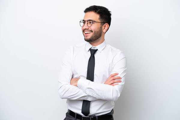 Business Brazilian man isolated on white background happy and smiling