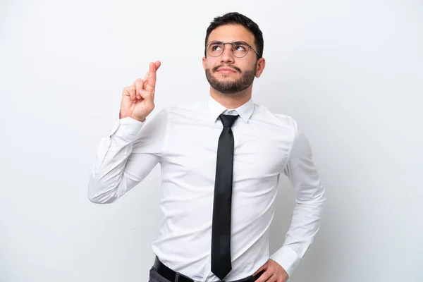 Business Brasiliansk Man Isolerad Vit Bakgrund Med Fingrar Korsning Och — Stockfoto