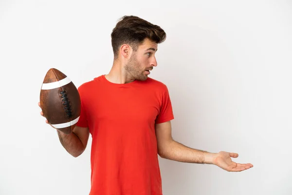 Young Caucasian Man Playing Rugby Isolated White Background Surprise Expression — Stock Photo, Image