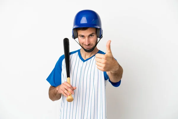 Jeune Homme Caucasien Jouant Baseball Isolé Sur Fond Blanc Avec — Photo