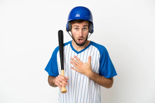 Young Caucasian Man Playing Baseball Isolated White Background Surprised Shocked — Stock Photo, Image