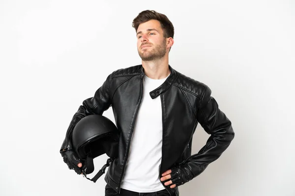 Jeune Homme Caucasien Avec Casque Moto Isolé Sur Fond Blanc — Photo