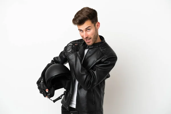 Giovane Uomo Caucasico Con Casco Moto Isolato Sfondo Bianco Che — Foto Stock