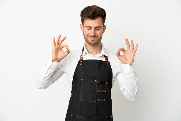 Restaurant Caucasian Waiter Isolated White Background Zen Pose — Stock Photo, Image