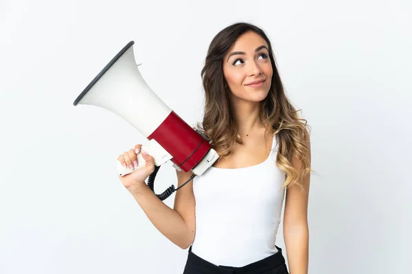 Young Caucasian Woman Isolated White Background Holding Megaphone Looking While — Stock Photo, Image