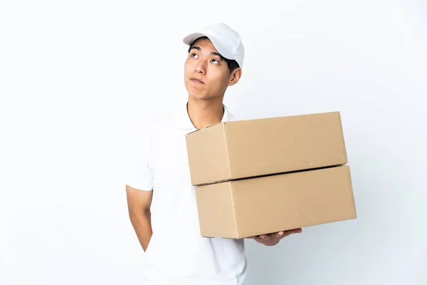 Delivery Chinese Man Isolated White Background Looking — Stock Photo, Image