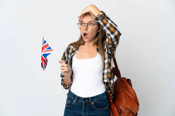 Молодая Литовская Женщина Флагом Великобритании Белом Фоне Делает Неожиданный Жест — стоковое фото