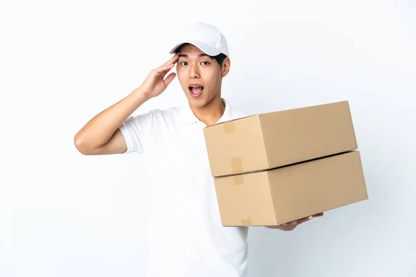 Delivery Chinese Man Isolated White Background Surprise Expression — Stock Photo, Image