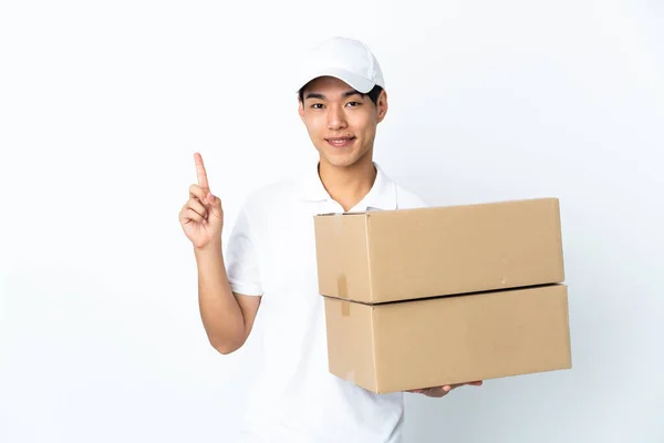 Delivery Chinese Man Isolated White Background Showing Lifting Finger Sign — Stock Photo, Image