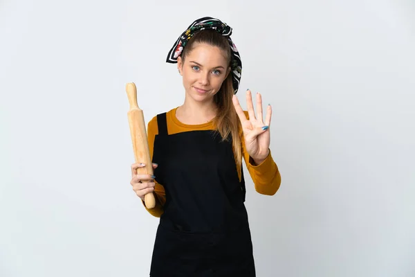 Jonge Litouwse Vrouw Met Een Rollende Pin Geïsoleerd Witte Achtergrond — Stockfoto