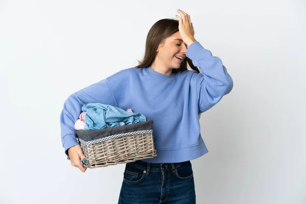 Young Lithuanian Woman Holding Clothes Basket Isolated White Background Has — Stock Photo, Image