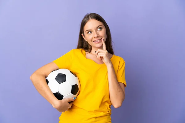 Young Lithuanian Football Player Woman Isolated Purple Background Thinking Idea — Stockfoto