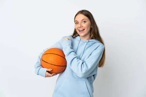Jonge Litouwse Vrouw Spelen Basketbal Geïsoleerd Witte Achtergrond Vieren Van — Stockfoto