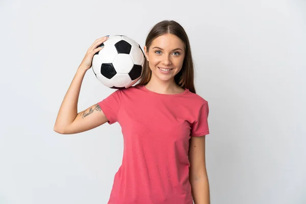 Giovane Donna Lituana Isolata Sfondo Bianco Con Pallone Calcio — Foto Stock