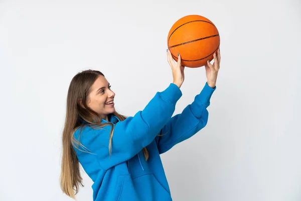 Giovane Donna Lituana Isolata Sfondo Bianco Che Gioca Basket — Foto Stock