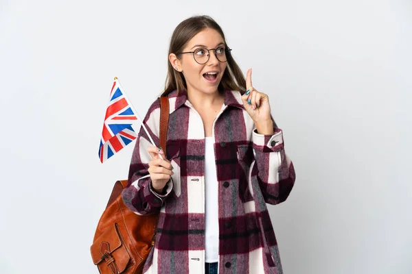 Молодая Литовская Женщина Держащая Флаг Великобритании Белом Фоне Намеревается Реализовать — стоковое фото