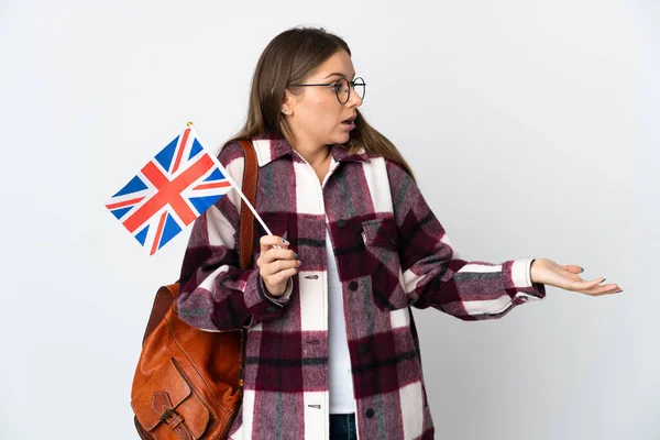 Young Lithuanian Woman Holding United Kingdom Flag Isolated White Background — 图库照片